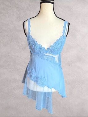Vintage 2003 Victoria’s Secret Blue Silk Lace Babydoll Slip Lingerie - Size 36B